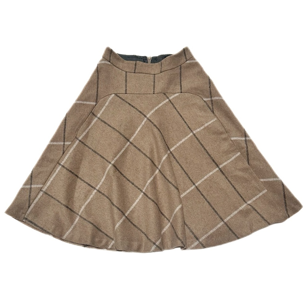 Zara Basic Wool Blend Checked Academia Midi Skirt Pockets Tan Plaid A-Line